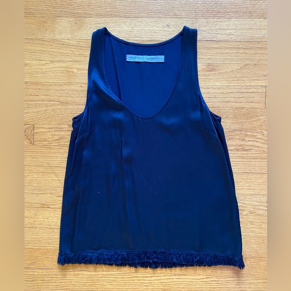 Raquel Allegra Navy Fringe-Trim Sleeveless Top